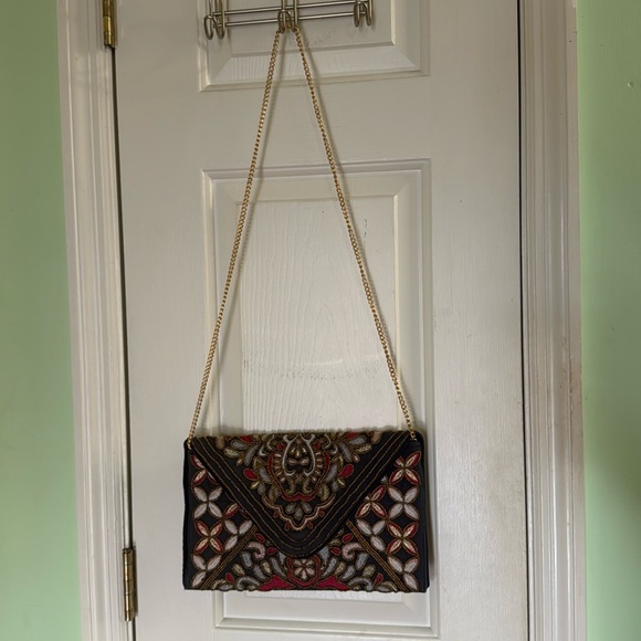 Francesca’s Beaded Navy Blue Crossbody Slim Line Boho Purse Gold Chain Med sized - Picture 1 of 7